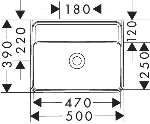 Weißes Handwaschbecken ohne Hahnloch und Überlauf, rechteckige Form mit zentralem Abfluss, geeignet für moderne Badgestaltung. Von Hansgrohe.